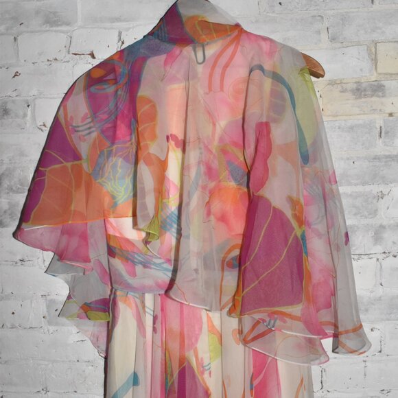 1960's VINTAGE Abstract Flora Chiffon Maxi Stunning Dress Small Size - Picture 13 of 16